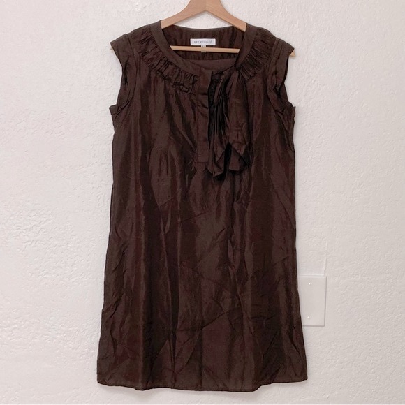 See By Chloe Brown Silk Sleeveless Scoop Neck Ruffle Bow Mini Dress, Size US 4 - Picture 2 of 7